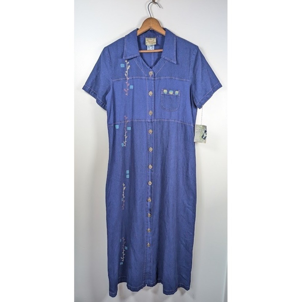 Vtg‎ 90s Y2K Blue Cactus Maxi Dress Large Hand Painted Southwestern Denim Artsy